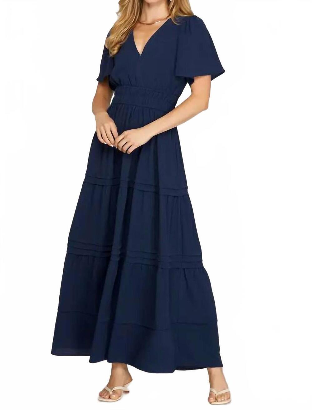 NEW SHE + SKY short sleeved v-neck midi dress in navy